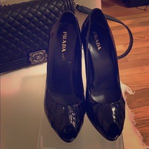 Leather patent open toe pumps